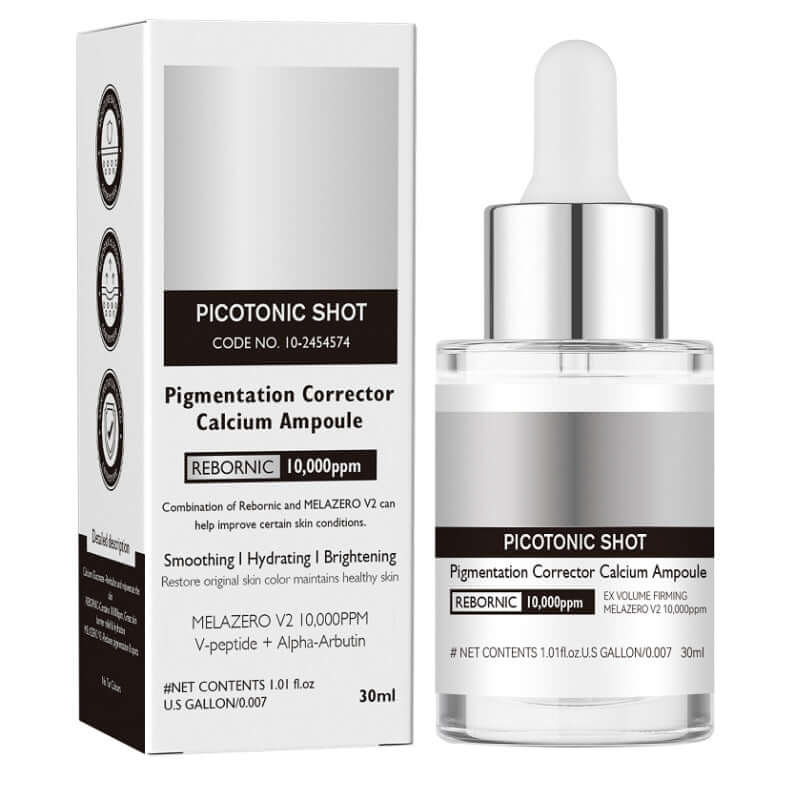 Solution de soin facial Care Suit pour éclaircissement de la peau, flacon blanc avec pipette, visible sur fond neutre.