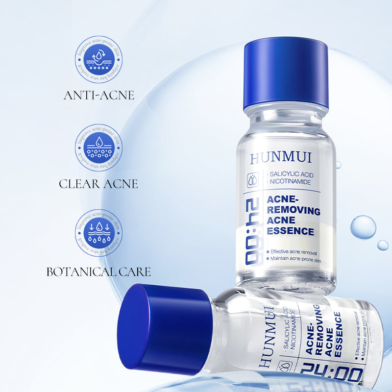 Flacon de 10 ml de SY1WM0009-HUNMUI, traitement anti-acné clair pour peau propre et saine, contenant une solution transparente.
