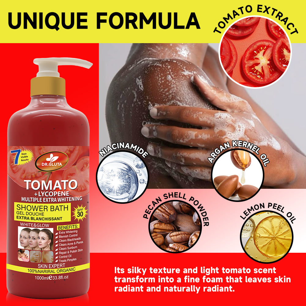 Gel douche exfoliant à la tomate, blanchissant et anti-âge pour le soin de la peau, dans un flacon élégant.