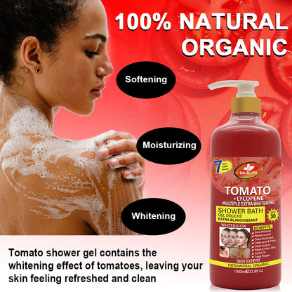 Gel douche exfoliant à la tomate, soin anti-âge et blanchissant pour le corps, avec texture onctueuse et parfum frais.