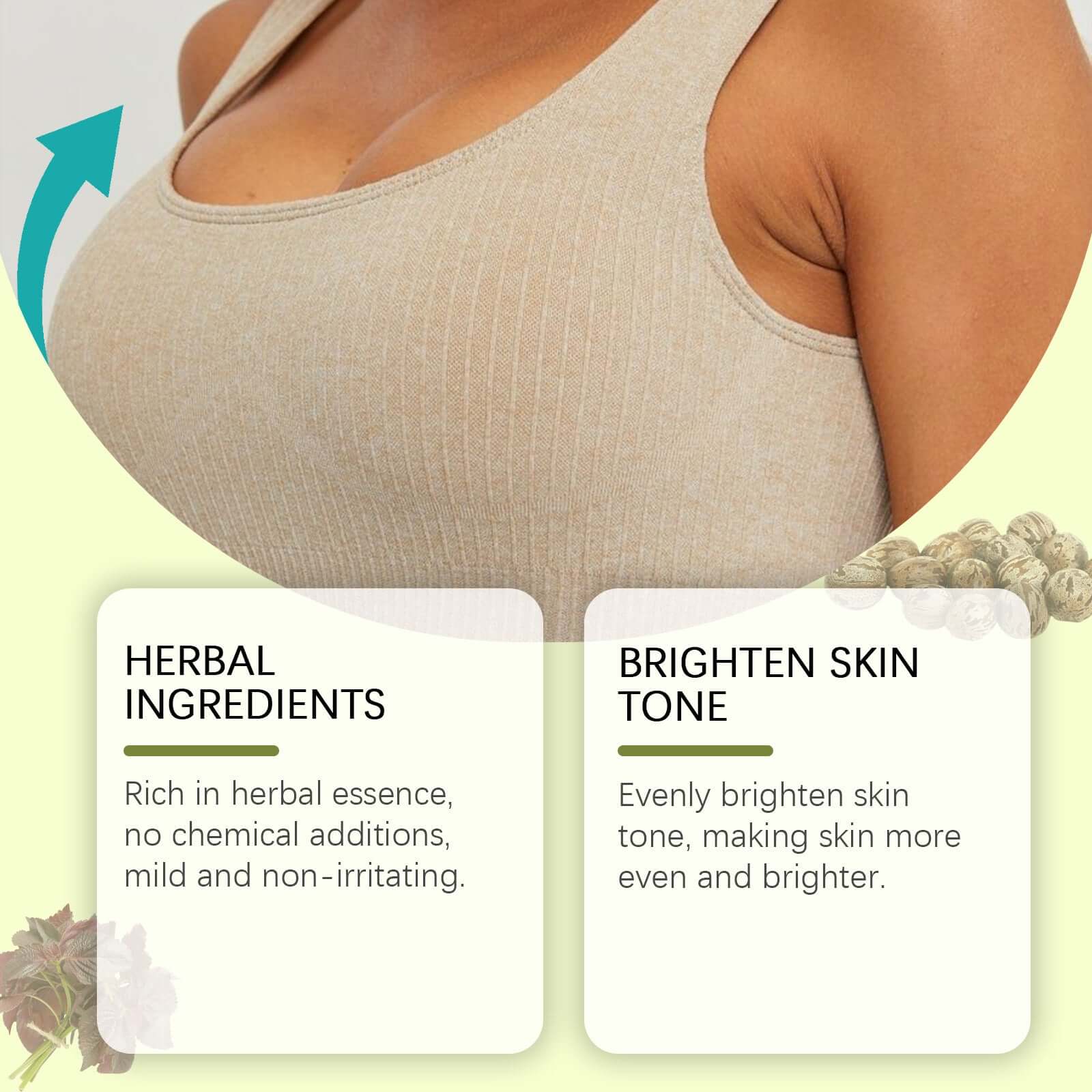 Crème hydratante pour la poitrine à base de plantes, soin nourrissant pour la peau du buste, texture riche et apaisante.