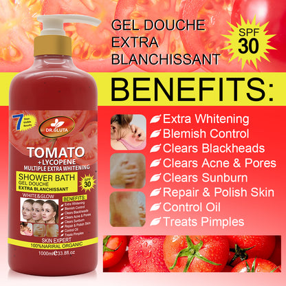 Gel douche exfoliant à la tomate, blanchissant et anti-âge, pour soin du corps, texture gel, flacon blanc.